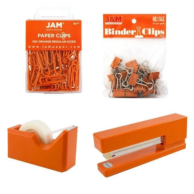 JAM Paper Office Starter Kit, Orange, Stapler, Tape Dispenser, Paper Clips & Binder Clips, 4/Pack (338756or)
