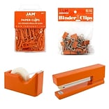 JAM Paper® Office Starter Kit, Orange, Stapler, Tape Dispenser, Paper Clips & Binder Clips, 4/Pack (