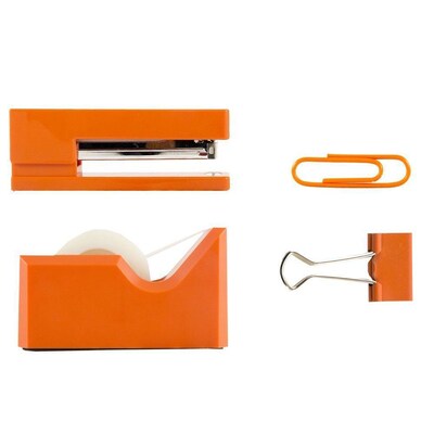 JAM Paper Office Starter Kit, Orange, Stapler, Tape Dispenser, Paper Clips & Binder Clips, 4/Pack (3