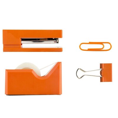 JAM Paper Office Starter Kit, Orange, Stapler, Tape Dispenser, Paper Clips & Binder Clips, 4/Pack (338756or)