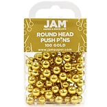 JAM Paper® Map Thumb Tacks Push Pins, Gold Round Top Pushpins, 100/pack (22432213)