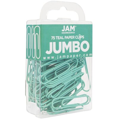 JAM Paper® Colored Jumbo Paper Clips, Large 2 Inch, Teal Paperclips, 2 Packs of 75 (21832065a)