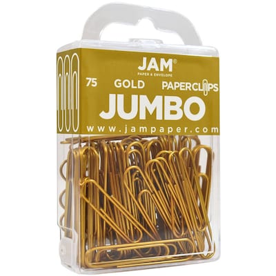 JAM Paper® Colored Jumbo Paper Clips, Large 2 Inch, Gold Paperclips, 2 Packs of 75 (21832060a)