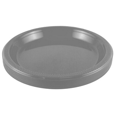 JAM Paper® Round Plastic Disposable Party Plates, Large, 10 1/4 Inch, Silver, 20/Pack(10255LPsl)