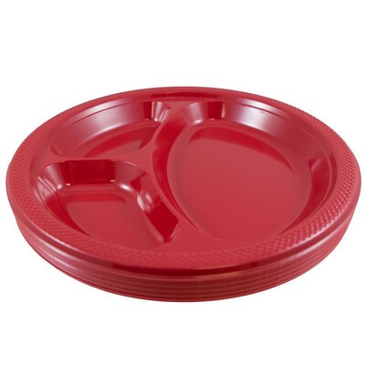 JAM Paper® Plastic 3 Compartment Divided Plates, Large, 10 1/4 Inch, Red, 20/Pack (10255CPre)