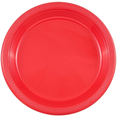 JAM Paper® Round Plastic Disposable Party Plates, Medium, 9 Inch, Red, 200/Box (9255320667b)