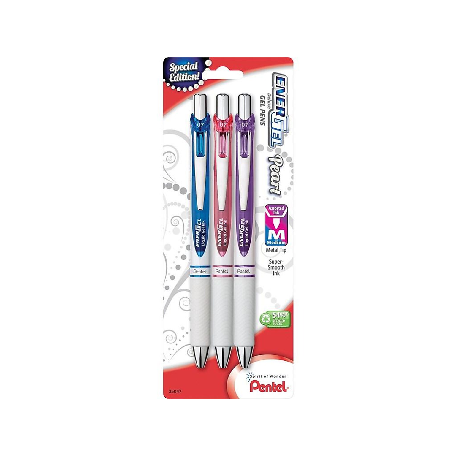 Pentel EnerGel Pearl Deluxe Retractable Gel Pens, Medium Point, Assorted Colors Ink, 3 Pack (BL77WBPS3M1)