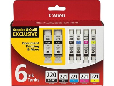 Canon 220/221 Black/Photo Black/Cyan/Magenta/Yellow Standard Yield Ink Cartridge, 6/Pack (2945B015)