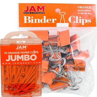 JAM Paper Colored Office Desk Supplies Bundle, Orange, Jumbo Paper Clips & Medium Binder Clips, 1 Pa