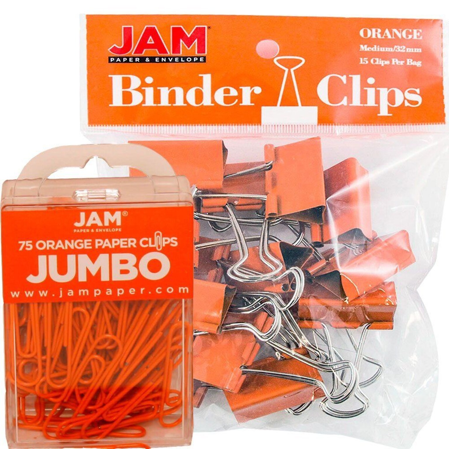 JAM Paper Colored Office Desk Supplies Bundle, Orange, Jumbo Paper Clips & Medium Binder Clips, 1 Pack of Each (4218339OR)