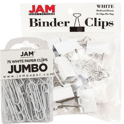 JAM Paper® Colored Office Desk Supplies Bundle, White, Jumbo Paper Clips & Medium Binder Clips, 1 Pack of Each (4218339WH)