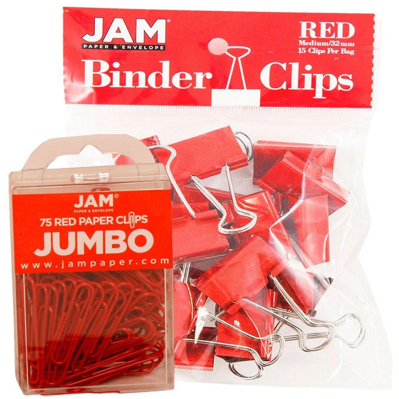 JAM Paper Colored Office Desk Supplies Bundle, Red, Jumbo Paper Clips & Medium Binder Clips, 1EA/PK (4218339re)