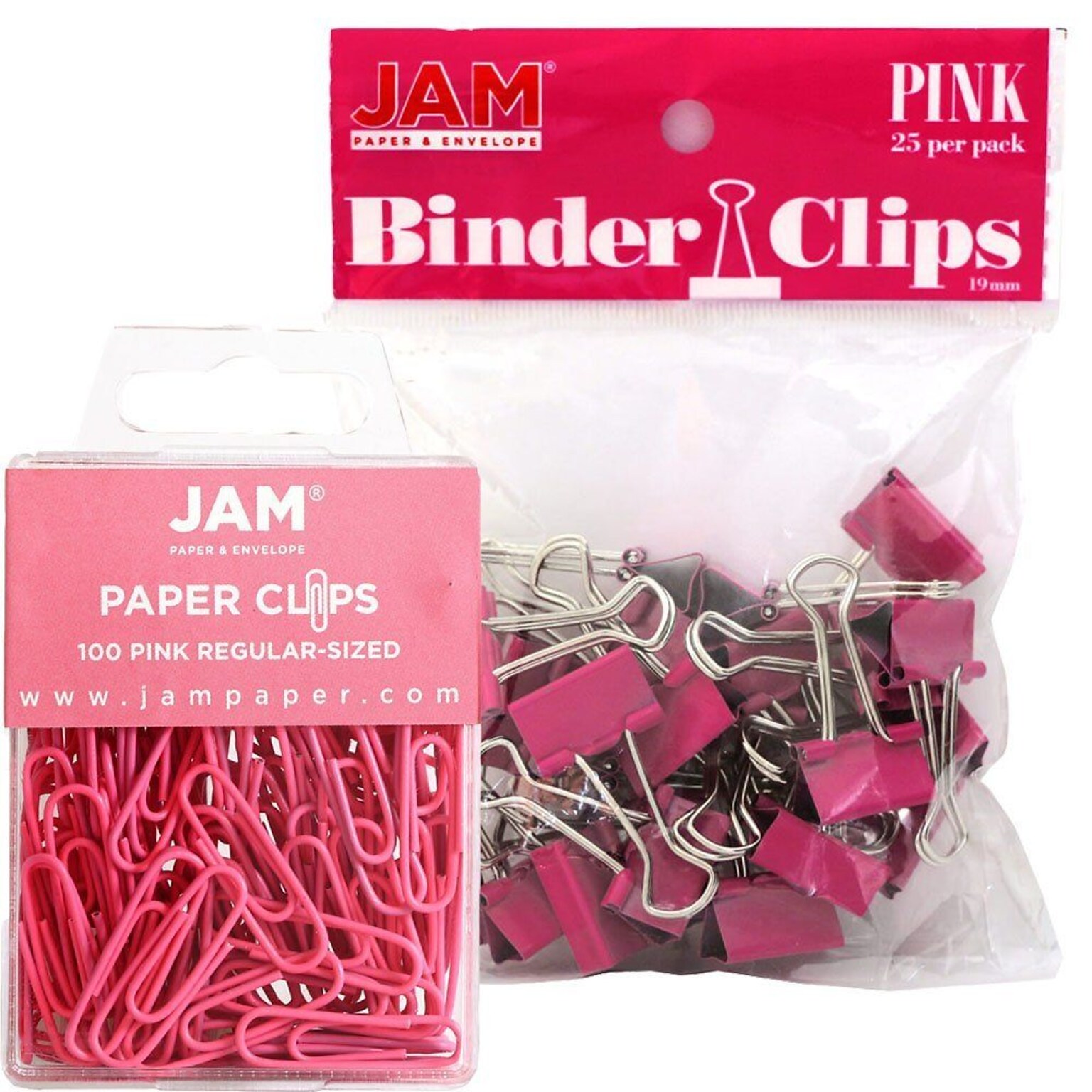 JAM Paper Colored Office Desk Supplies Bundle, Pink, Paper Clips & Binder Clips, 1 Pack of Each, 2/pack (218334pi)