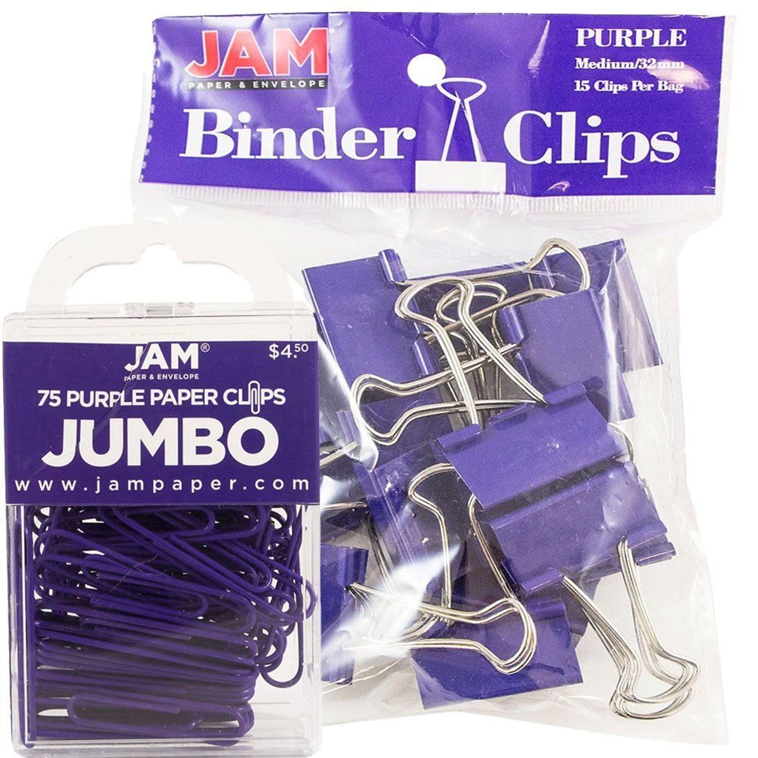 JAM Paper Colored Office Desk Supplies Bundle, Purple, Jumbo Paper Clips & Medium Binder Clips, 1 Pack of Each (4218339PU)