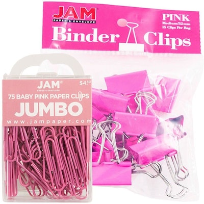 JAM Paper Colored Office Desk Supplies Bundle, Pink, Jumbo Paper Clips & Medium Binder Clips, 1 Pack