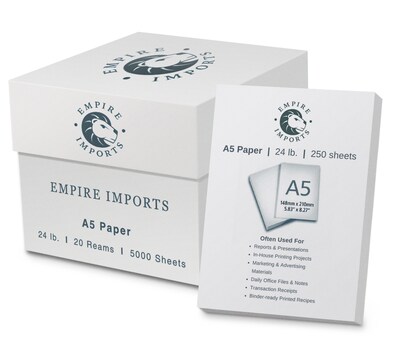 Empire Imports 5.8 x 8.3 Premium Multi-Purpose A5 Paper, 24 lbs., 96 Brightness, 5000 Sheets/Carton (A524C)