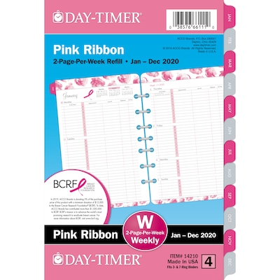 2020 Day-Timer 5 1/2 x 8 1/2 Two Page Per Week Refill Pink Ribbon (14210-2001)