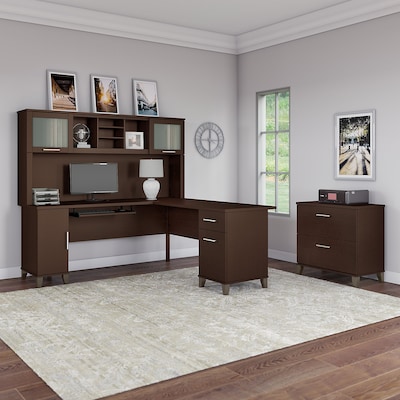 Bush Furniture Somerset 72"W L Shaped Desk with Hutch and Lateral File Cabinet, Mocha Cherry (SET009MR)
