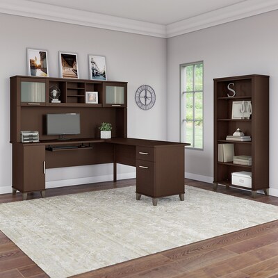 Bush Furniture Somerset 72"W L-Shaped Desk with Hutch and 5 Shelf Bookcase, Mocha Cherry (SET011MR)