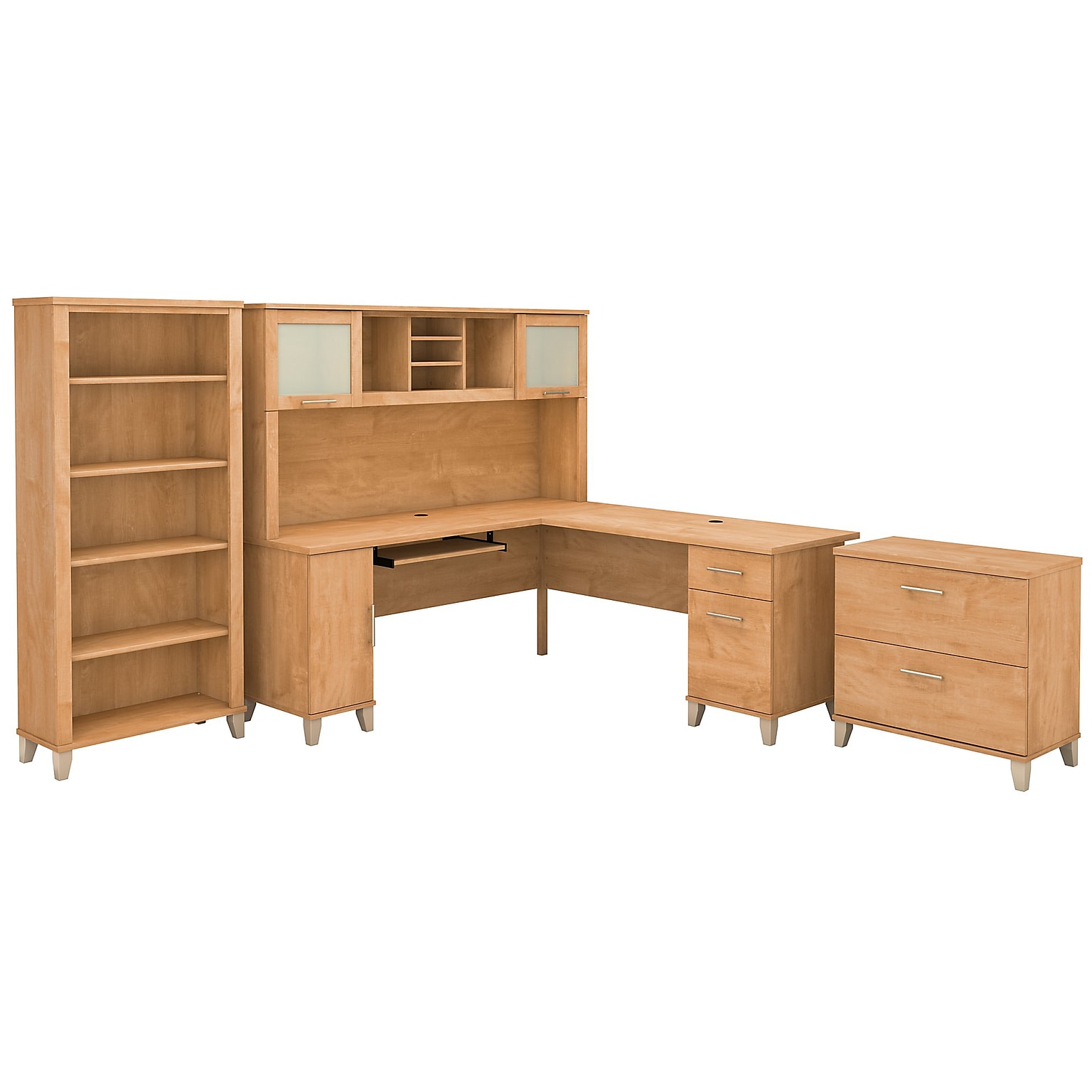 Bush Furniture Somerset 72W L Shaped Desk with Hutch, Lateral File Cabinet and Bookcase, Maple Cross (SET012MC)