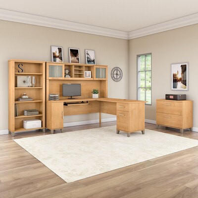 Bush Furniture Somerset 72"W L Shaped Desk with Hutch, Lateral File Cabinet and Bookcase, Maple Cross (SET012MC)