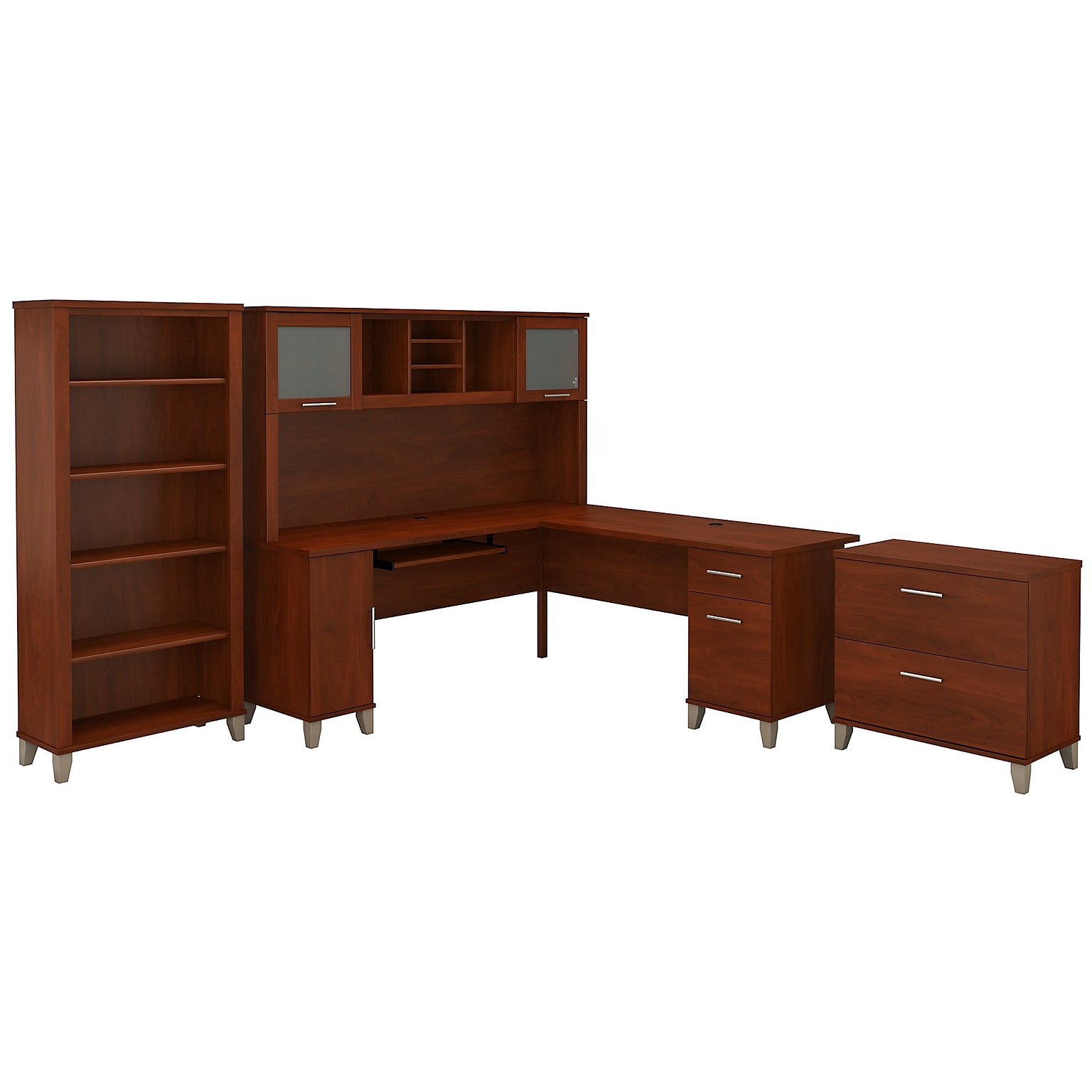 Bush Furniture Somerset 72W L Shaped Desk with Hutch, Lateral File Cabinet and Bookcase, Hansen Cherry (SET012HC)