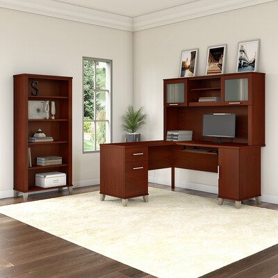 Bush Furniture Somerset 60"W L Shaped Desk with Hutch and 5 Shelf Bookcase, Hansen Cherry (SET010HC)
