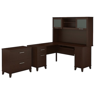 Bush Furniture Somerset 60W L Shaped Desk with Hutch and Lateral File Cabinet, Mocha Cherry (SET008