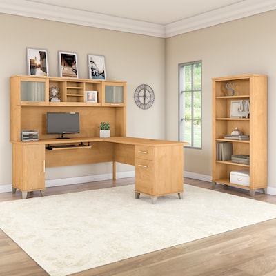 Bush Furniture Somerset 72"W L Shaped Desk with Hutch and 5 Shelf Bookcase, Maple Cross (SET011MC)