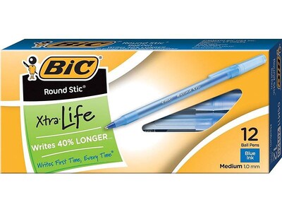 BIC Round Stic Xtra Life Ballpoint Pens, Medium Point, Blue Ink, 432/Carton (GSM11BLUCT)