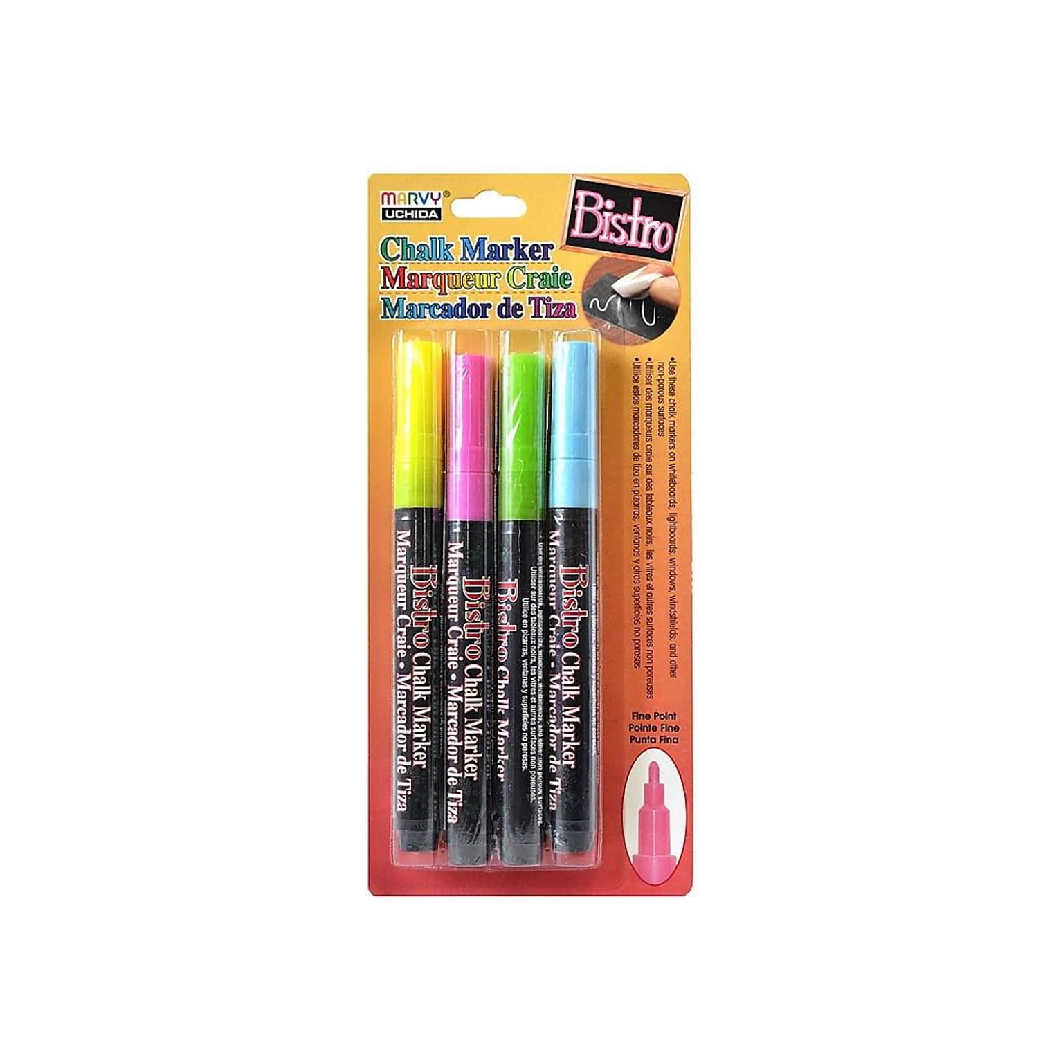 Marvy Uchida Bistro Chalk Markers, Fine Point, Assorted, 4/Pack (02655)