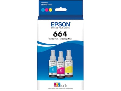 Epson T664 Cyan/Magenta/Yellow Ultra High Yield Ink Cartridge, 3/Pack
