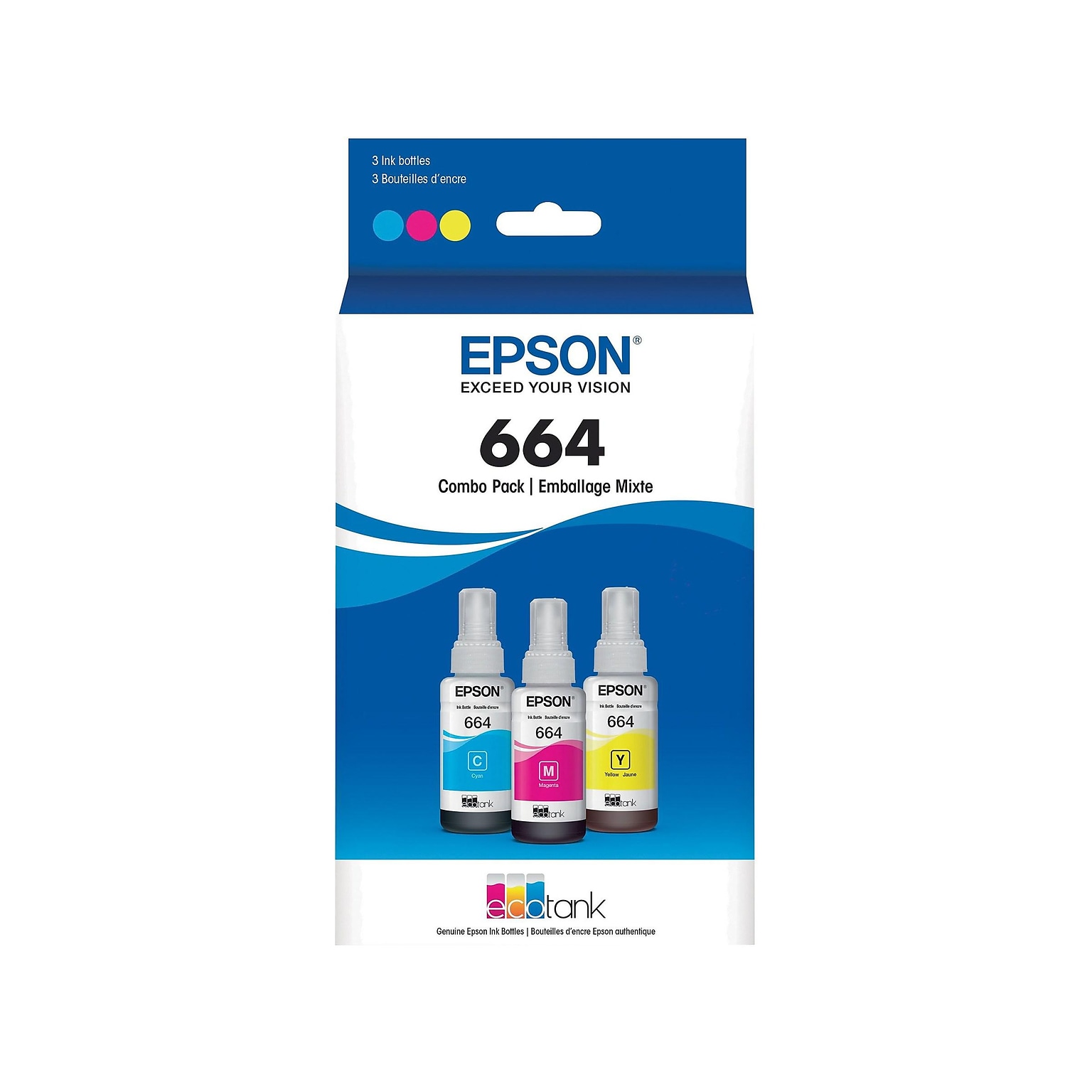 Epson T664 Cyan/Magenta/Yellow Ultra High Yield Ink Cartridge, 3/Pack