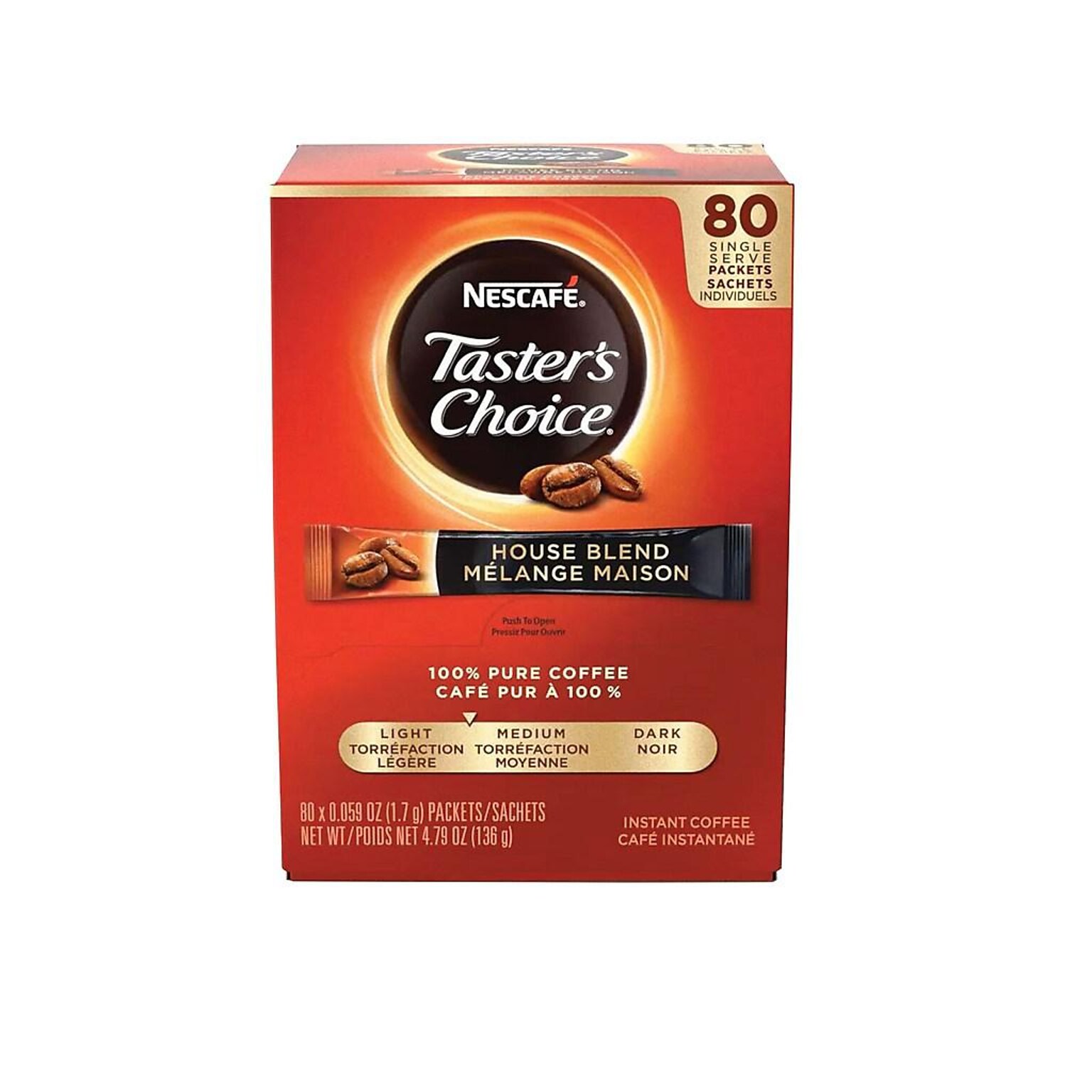 Tasters Choice House Blend Instant Coffee, Medium Roast, .07 oz. Packets, 80/Box (NES15782)