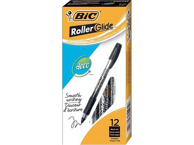 BIC Roller Glide Deco Rollerball Pens, Fine Point, Black Ink, Dozen (32831/33169)