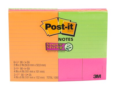 Post-it® Super Sticky Notes Combo Pack, Assorted Sizes, Rio Collection, 12 Pads (4642-12SSAU)