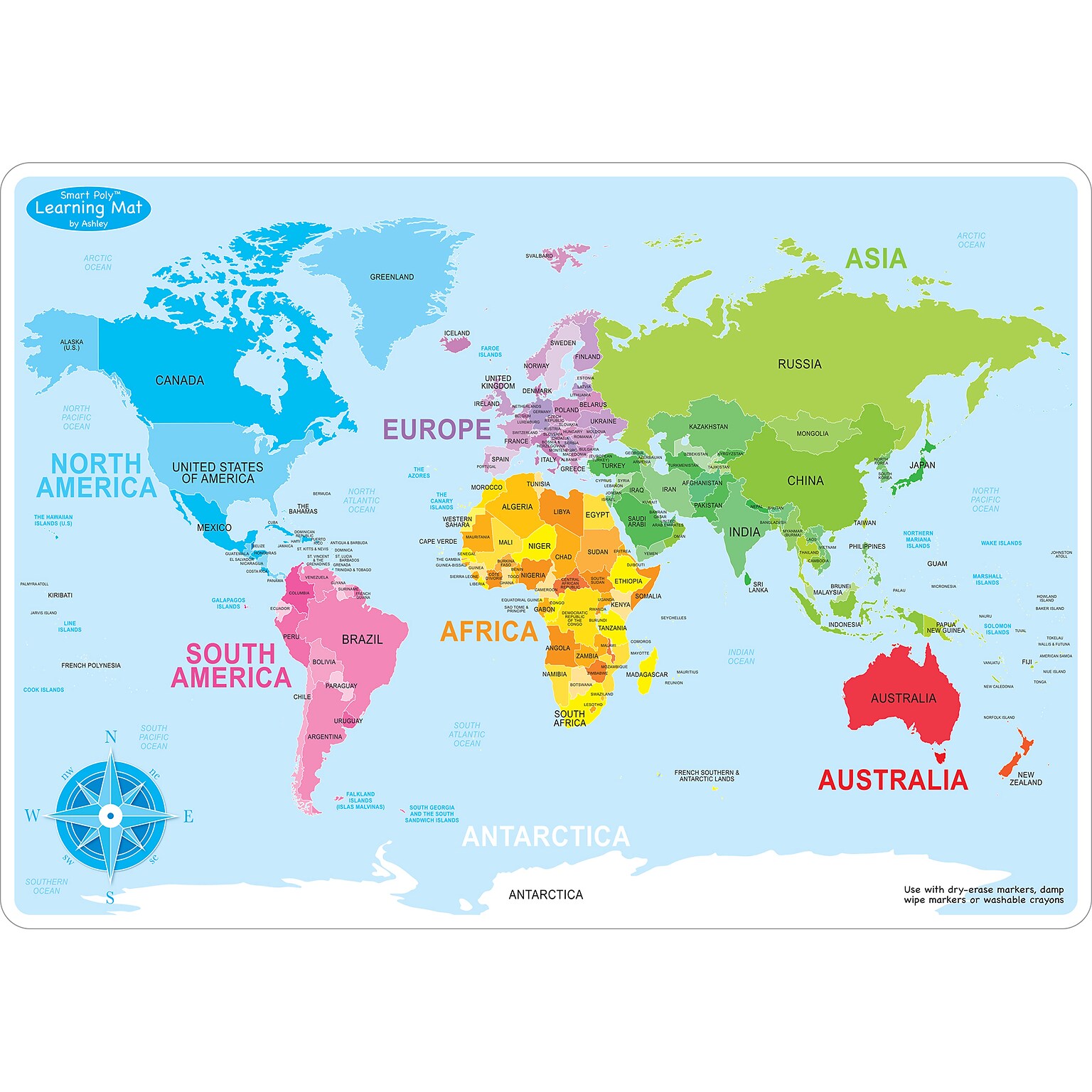 Ashley Productions Smart Poly™ Learning Mats, 12 x 17, Double-Sided, World Basic Map, Pack of 10 (ASH95602)