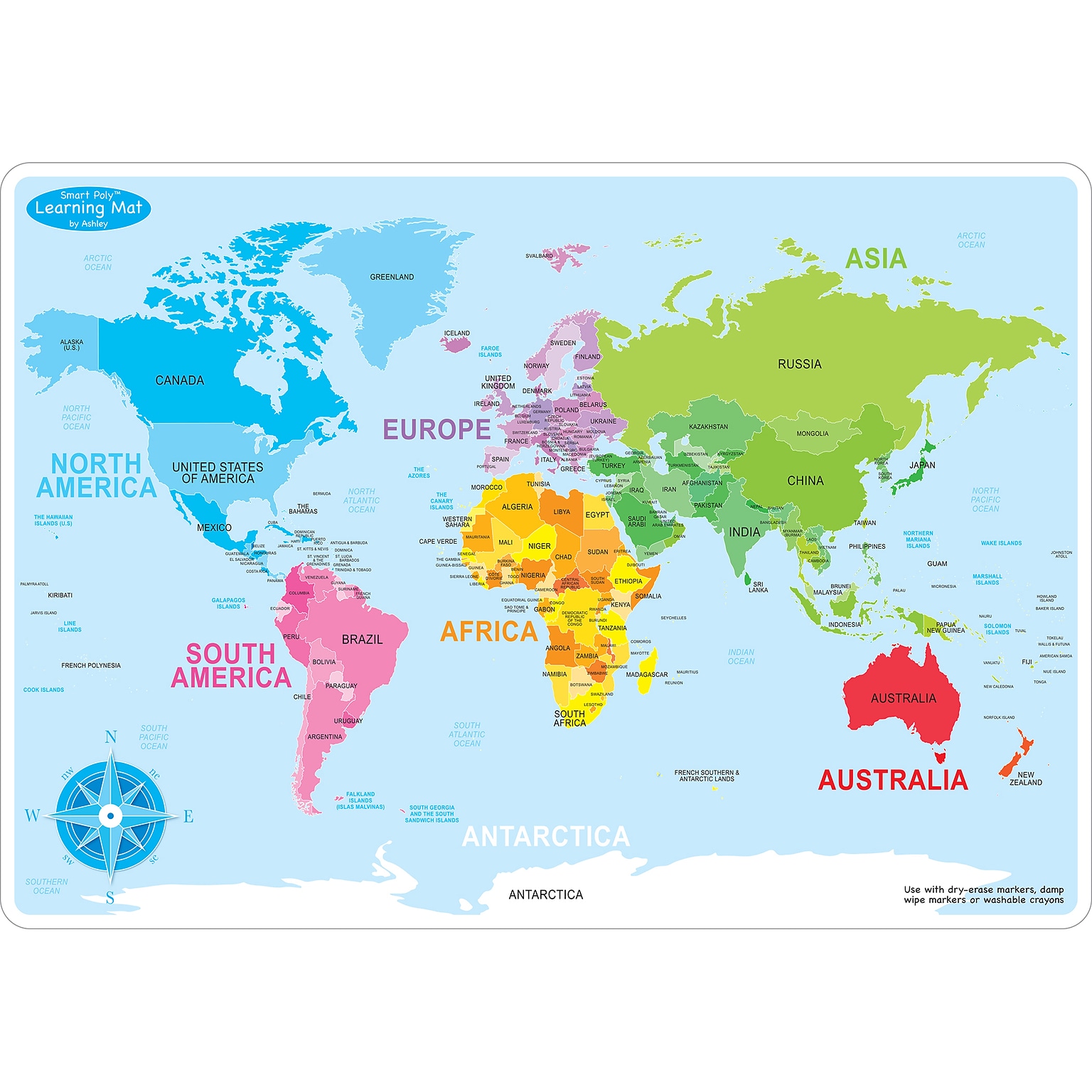 Ashley Productions Smart Poly™ Learning Mats, 12 x 17, Double-Sided, World Basic Map, Pack of 10 (ASH95602)