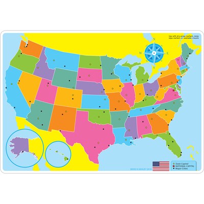 Ashley Productions Smart Poly™ Learning Mats, 12" x 17", Double-Sided, U.S. Basic Map, Pack of 10 (ASH95600)