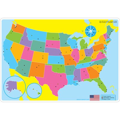 Ashley Productions Smart Poly™ Learning Mats, 12 x 17, Double-Sided, U.S. Basic Map, Pack of 10 (A