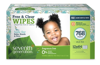 Seventh Generation Thick & Strong Free and Clear Baby Wipes Refill, 768 Count, 12/Carton (34228)