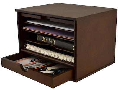 Victor® Wood desktop organizer  has 5 compartments with sliding doors for convenient storage.