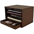 Victor® Wood desktop organizer  has 5 compartments with sliding doors for convenient storage.