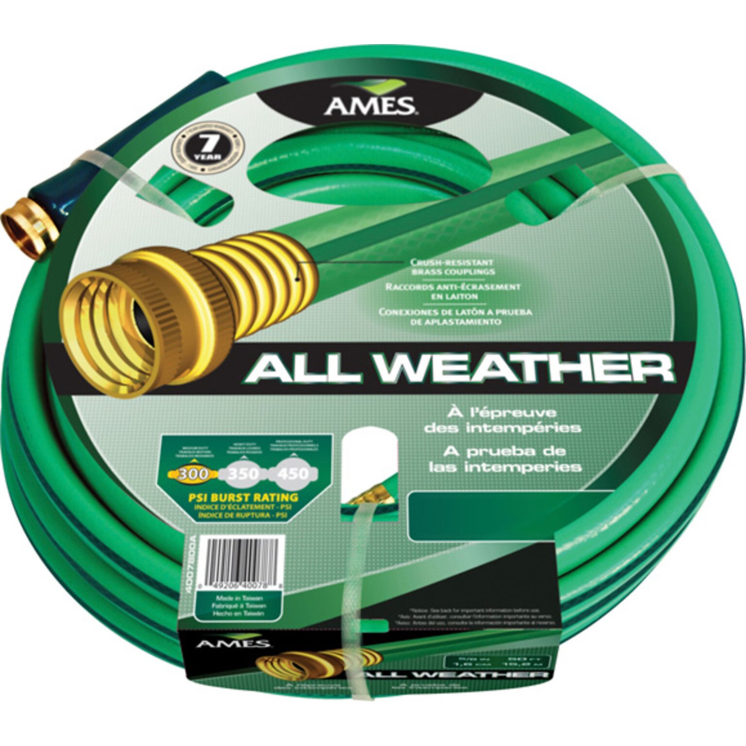 AMES® All Weather Garden Hoses, 5/8 in x 50 ft, Green/Blue (027-4007800A)