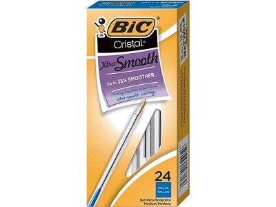 Photo 1 of BIC Cristal Xtra Smooth Ballpoint Pens, Medium Point, Blue Ink, 24/Pack (MS241-BE)