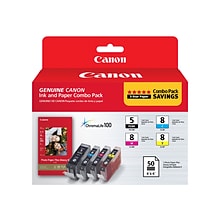 Canon 5/8 Black, Cyan, Magenta, Yellow Ink Cartridges w/ Photo Paper, 4/Pack (0628B027)