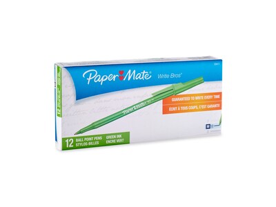 Paper Mate Write Bros. Ballpoint Pens, Medium Point, Green Ink, Dozen (33411)