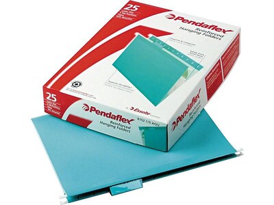 Pendaflex Reinforced Hanging File Folders, 1/5 Tab, Letter Size, Aqua, 25/Box (PFX 4152 1/5 AQU)