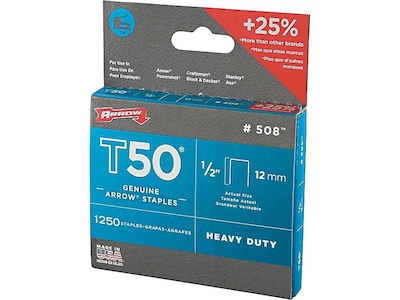 Arrow T50 Staples, 1/2 Leg Length, 1250 Staples/Box (091-50824)