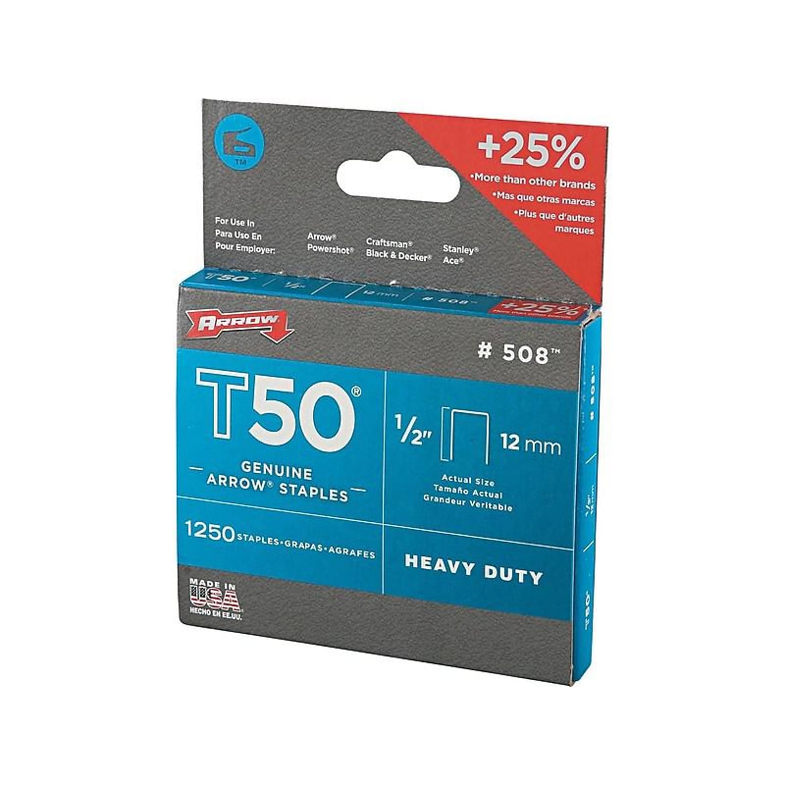 Arrow T50 Staples, 1/2 Leg Length, 1250 Staples/Box (091-50824)